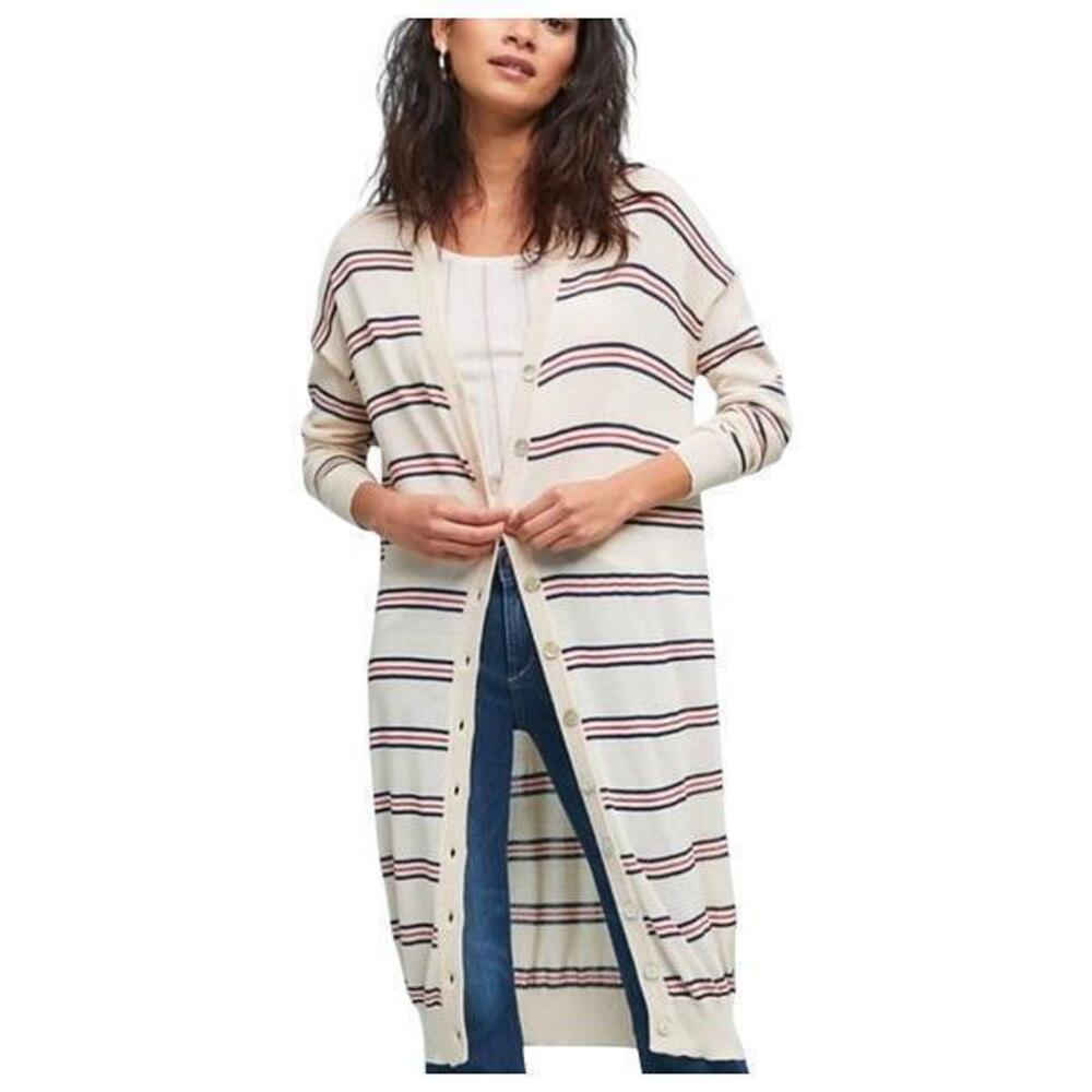 HEARTLOOM Long Cardigan L Beige Red Blue Striped Button Up Knit V-Neck Duster